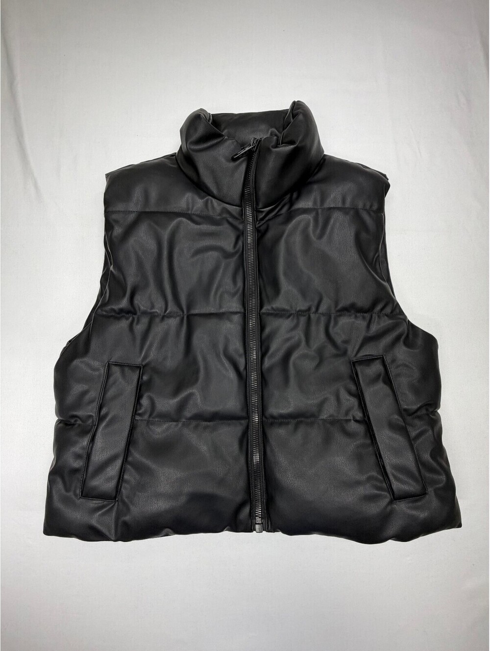 Zara Women's Puffer Vest Faux Leather Full Zip Pockets Short Size Medium Black